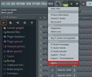 fl studio의 help 설정의 about 탭 메뉴