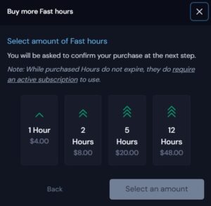 더 많은 빠른 시간 구매하기(Buy more Fast hours)를 클릭하면 나오는 화면