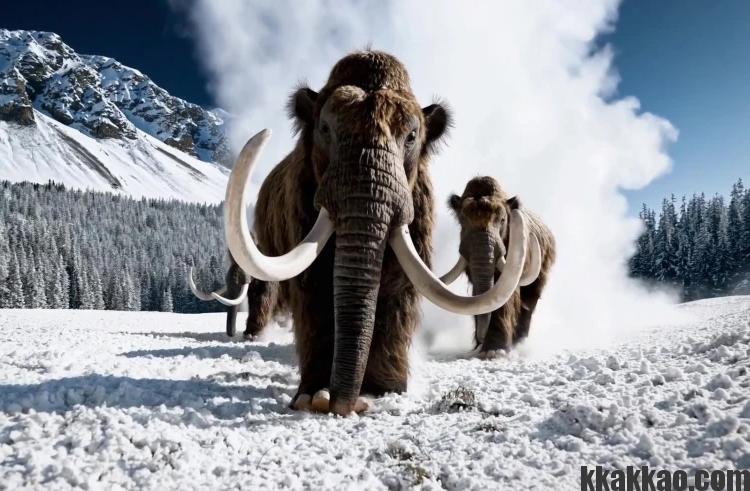 겨울 산맥에서 코끼리가 이동하는 모습을 구현한 오픈AI